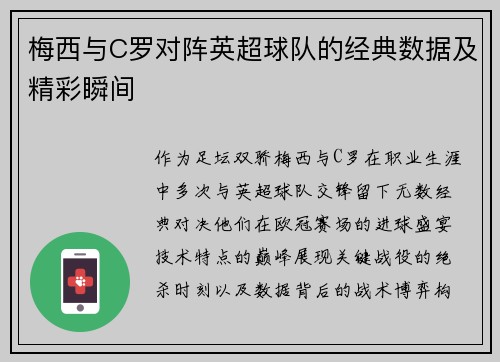 梅西与C罗对阵英超球队的经典数据及精彩瞬间